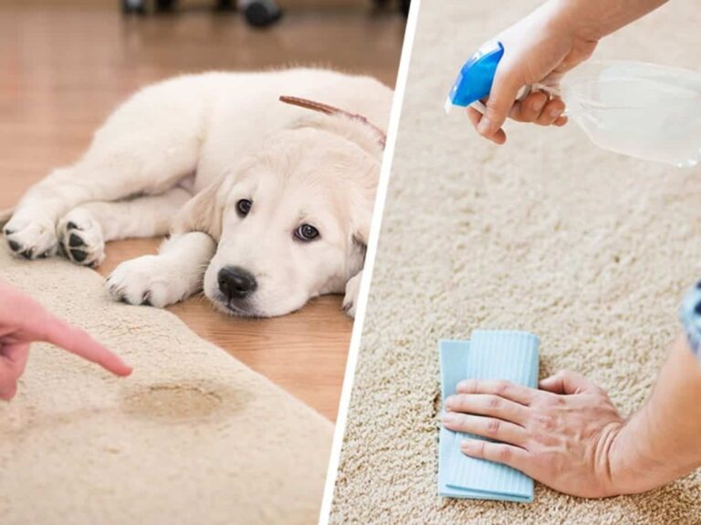 two parts of picture, in first part a dog sitting sad and hand pointing to the urine stain on carpet and in second part, a close shot of hands holding shower and cloth spraying on urine stain on the carpet.