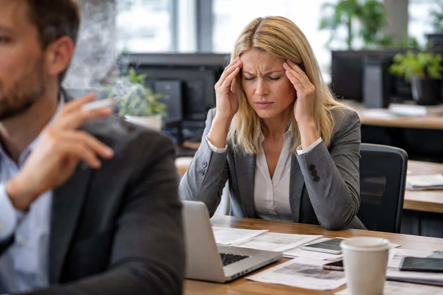 Woman in a modern office pressing her temples with a pained expression as cigarette smoke drifts from a nearby coworker, illustrating the negative health effects of secondhand smoke in the workplace.