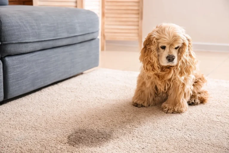 dog pee stain on carpet and dog standing beside the stain