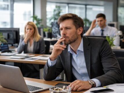 Image of a man smoking inside an office clearly showing that the IAQ is not healthy for the other emloyees.